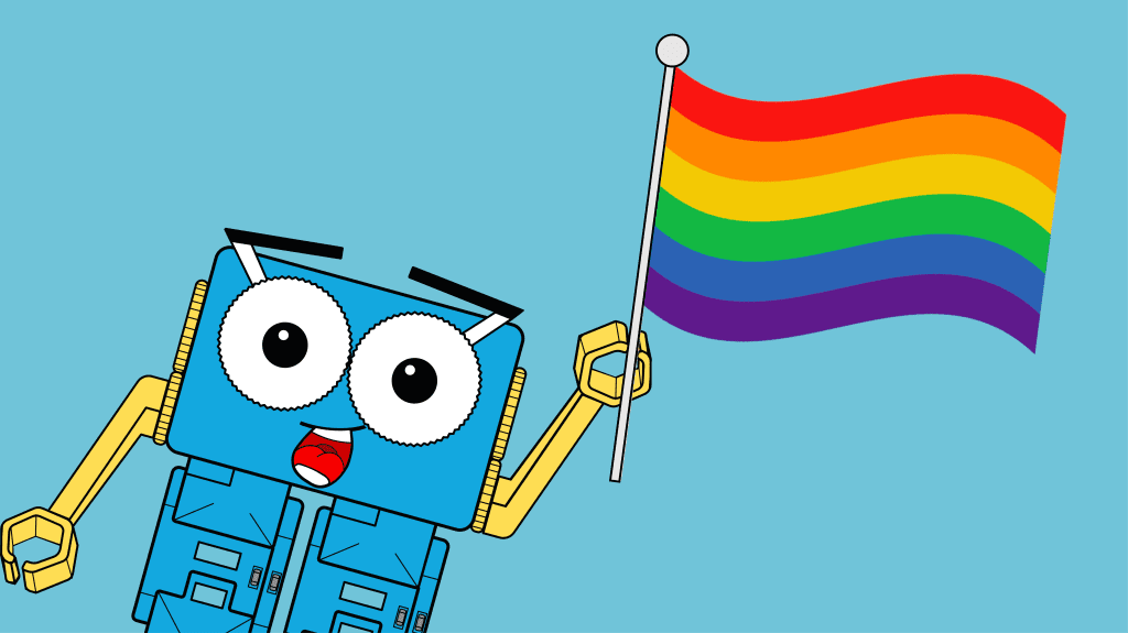 Marty the robot with pride flag