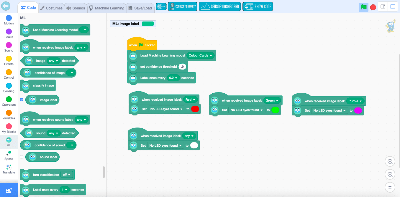 A screenshot of MartyBlocks code using the machine learning model