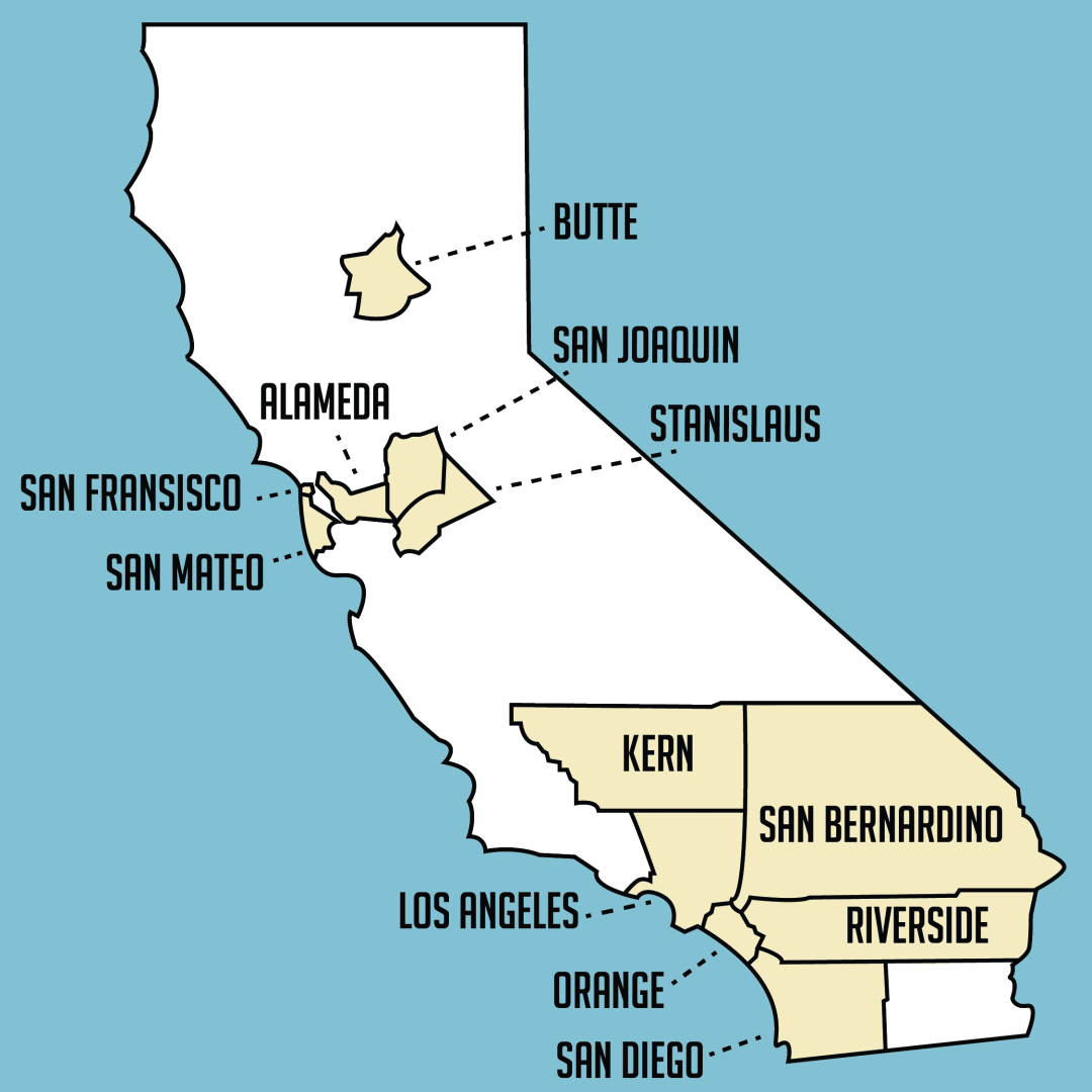 A map of California, showing counties where Marty the Robot has been used and loved!